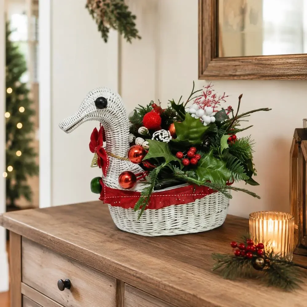 Vintage White Wicker Duck Basket Christmas Floral Centerpiece